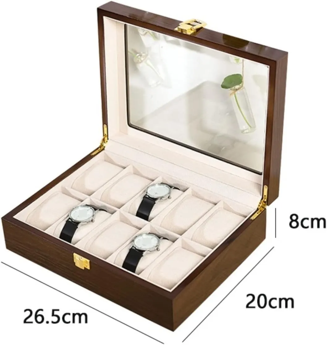 : 26.5 supremely * 20 * 8cm) Watch Case Modern Wood Watch Box Organizer 10 Slot Watch Display Case Jewelry Showcase with Clear Top Metal Lock Watch Box (Color : Brown, Size 