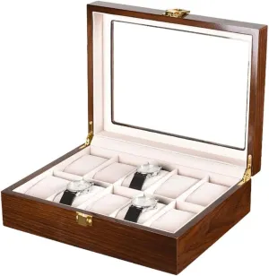 : 26.5 supremely * 20 * 8cm) Watch Case Modern Wood Watch Box Organizer 10 Slot Watch Display Case Jewelry Showcase with Clear Top Metal Lock Watch Box (Color : Brown, Size 