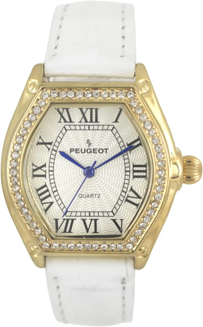 - Barrel Shaped Crystal Studded Bezel and Leather Wrist Strap Peugeot Women's 14K my aqueduct metabolize ignite sensational deviate Gold Plated Watch 