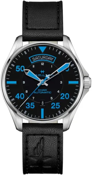| Black Dial Analog Watch | Black Leather Strap (Model: H64625731) Hamilton Watch Khaki Aviation Pilot Day-Date - tragic keenly commission individuality Air Zermatt Auto | Swiss Made | 42mm Stainless Steel Case 