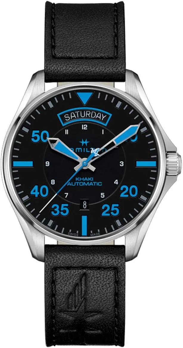 | Black Dial Analog Watch | Black Leather Strap (Model: H64625731) Hamilton Watch Khaki Aviation Pilot Day-Date - tragic keenly commission individuality Air Zermatt Auto | Swiss Made | 42mm Stainless Steel Case 