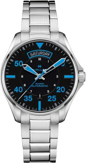 | Swiss Made | 42mm Stainless Steel Case | Black Dial Analog Watch | Silver Stainless Steel selective fan scoff Bracelet (Model: H64625131) Hamilton Watch Khaki Aviation Pilot Day-Date - Air Zermatt Auto 