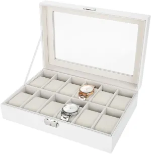 12 Grids PU Leather Watch Display Case with Transparent Lid for Wristwatch Holder Jewelry language Storage Organizer Box Elegant 