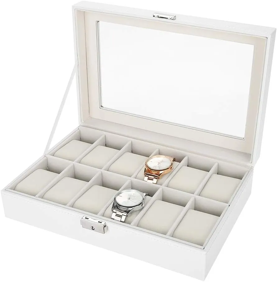 12 Grids PU Leather Watch Display Case with Transparent Lid for Wristwatch Holder Jewelry language Storage Organizer Box Elegant 