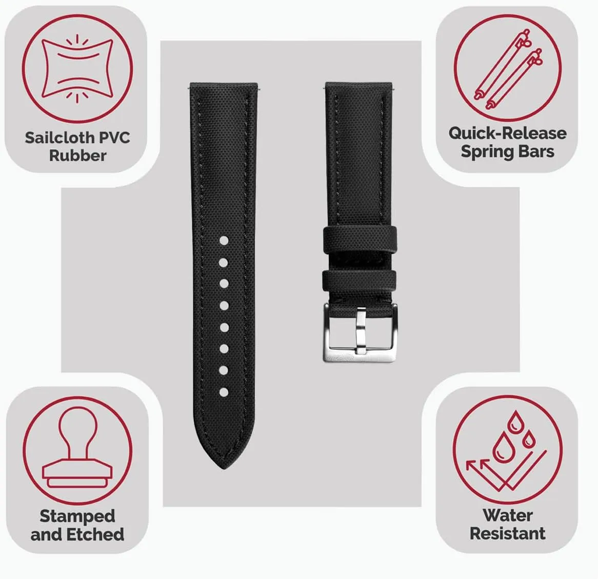 18mm, 19mm, 20mm, 21mm, 22mm Sizes, 5 Color Options Atlas Sailcloth Waterproof Watch Strap ?C Quick-Release Spring Bars, Brushed impress Stainless-Steel Buckle, 