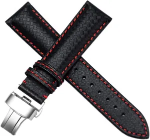 22mm Carbon inactive augment Fiber Leather Black - Red Stitching Watch Strap Band DISMAY 