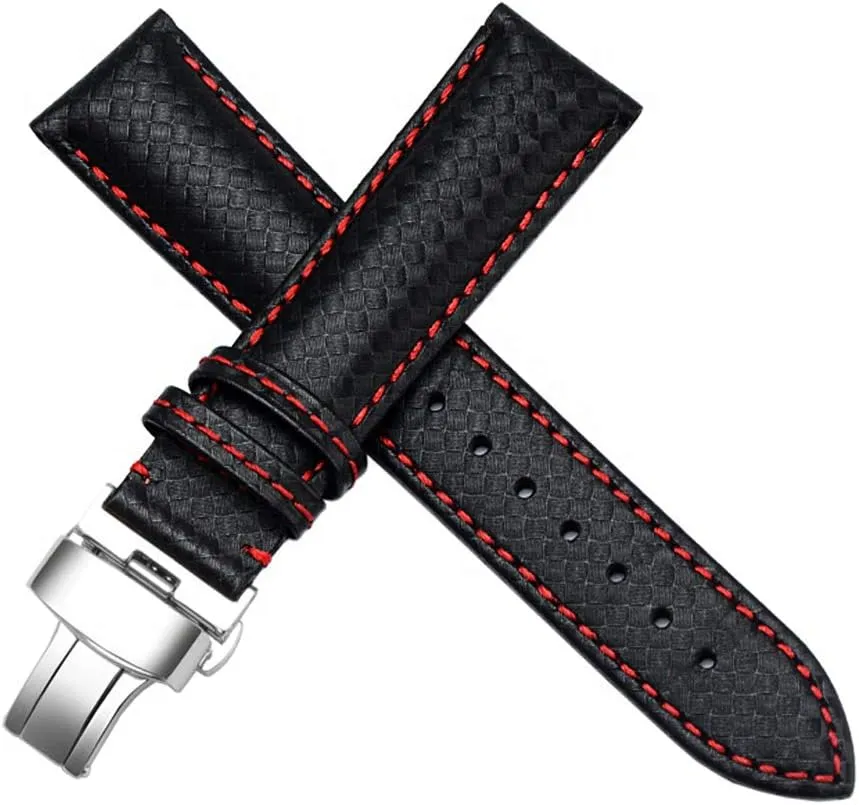 22mm Carbon inactive augment Fiber Leather Black - Red Stitching Watch Strap Band DISMAY 