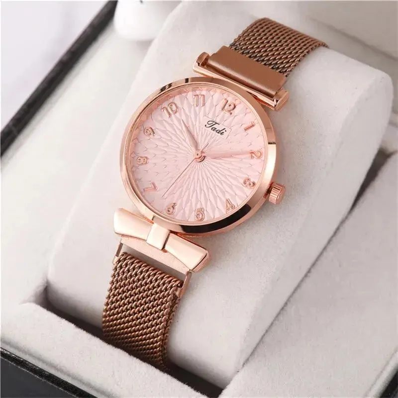 2PCS Set Women Watch Set Trendy Pink Design Mesh Belt Alloy Wristwatch Fashionable Timepiece Quartz Watch Lady