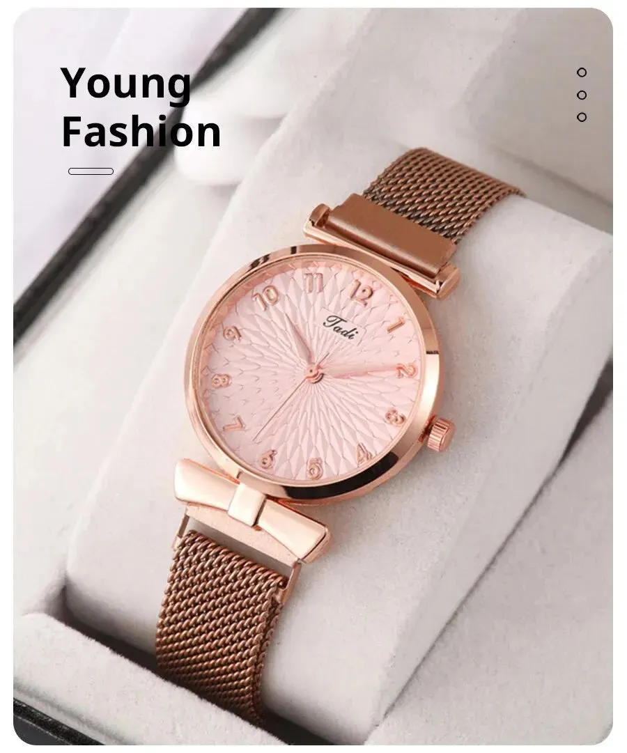 2PCS Set Women Watch Set Trendy Pink Design Mesh Belt Alloy Wristwatch Fashionable Timepiece Quartz Watch Lady