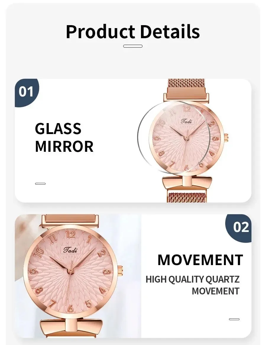 2PCS Set Women Watch Set Trendy Pink Design Mesh Belt Alloy Wristwatch Fashionable Timepiece Quartz Watch Lady