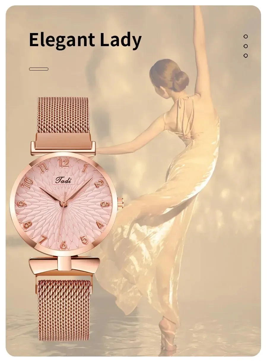 2PCS Set Women Watch Set Trendy Pink Design Mesh Belt Alloy Wristwatch Fashionable Timepiece Quartz Watch Lady