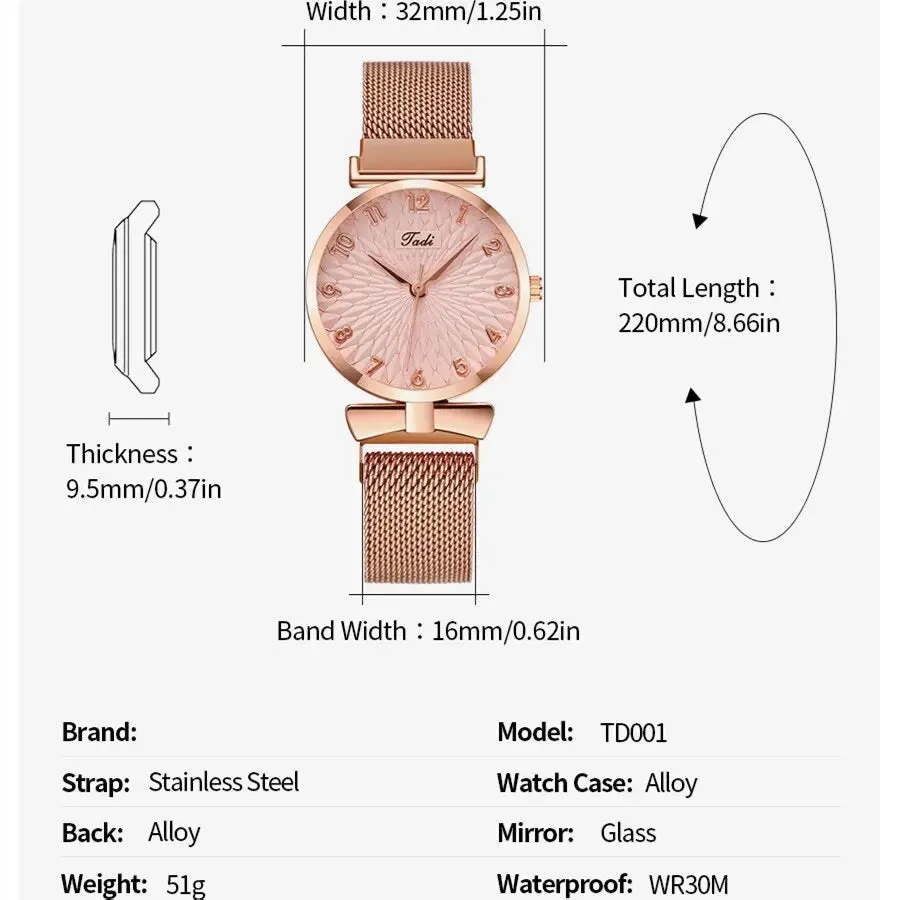 2PCS Set Women Watch Set Trendy Pink Design Mesh Belt Alloy Wristwatch Fashionable Timepiece Quartz Watch Lady