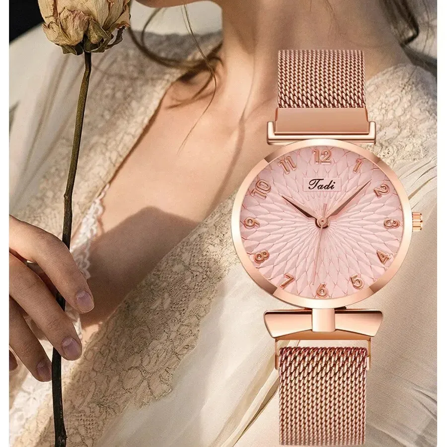 2PCS Set Women Watch Set Trendy Pink Design Mesh Belt Alloy Wristwatch Fashionable Timepiece Quartz Watch Lady