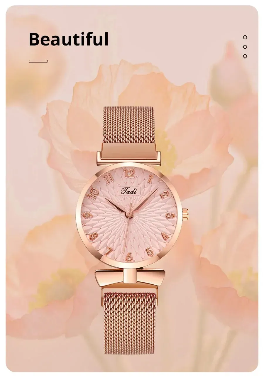 2PCS Set Women Watch Set Trendy Pink Design Mesh Belt Alloy Wristwatch Fashionable Timepiece Quartz Watch Lady