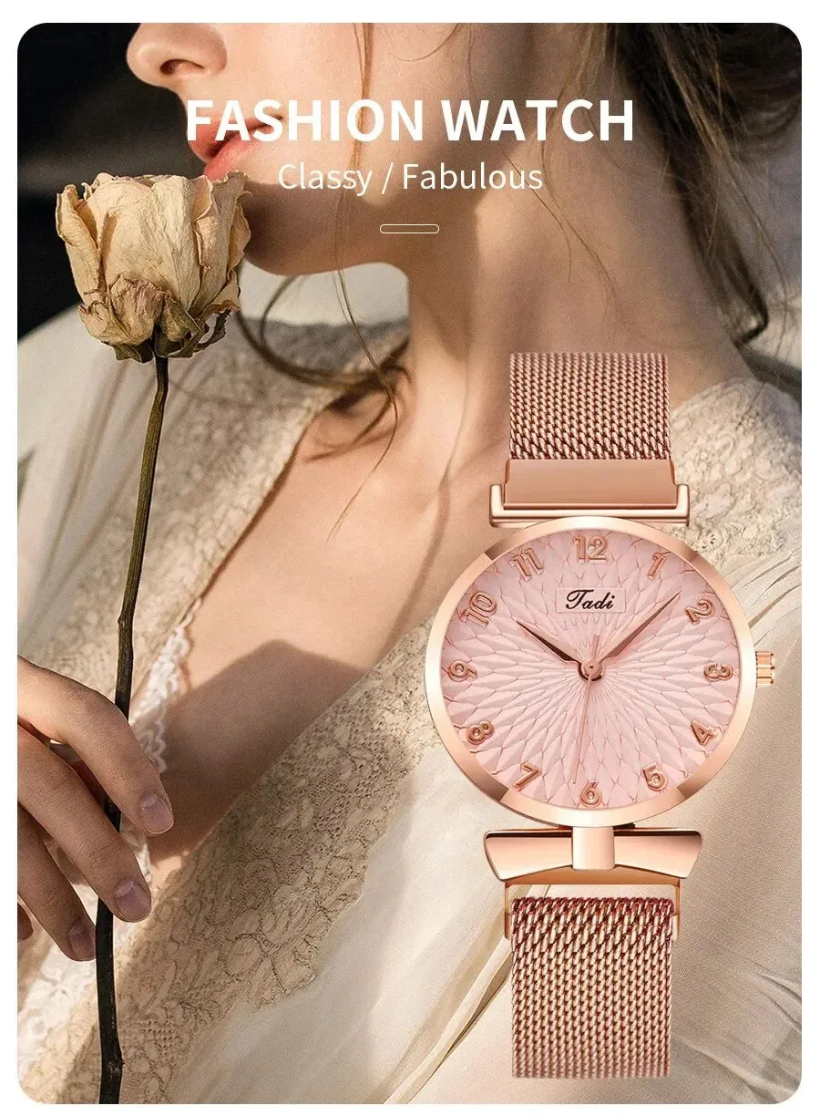 2PCS Set Women Watch Set Trendy Pink Design Mesh Belt Alloy Wristwatch Fashionable Timepiece Quartz Watch Lady