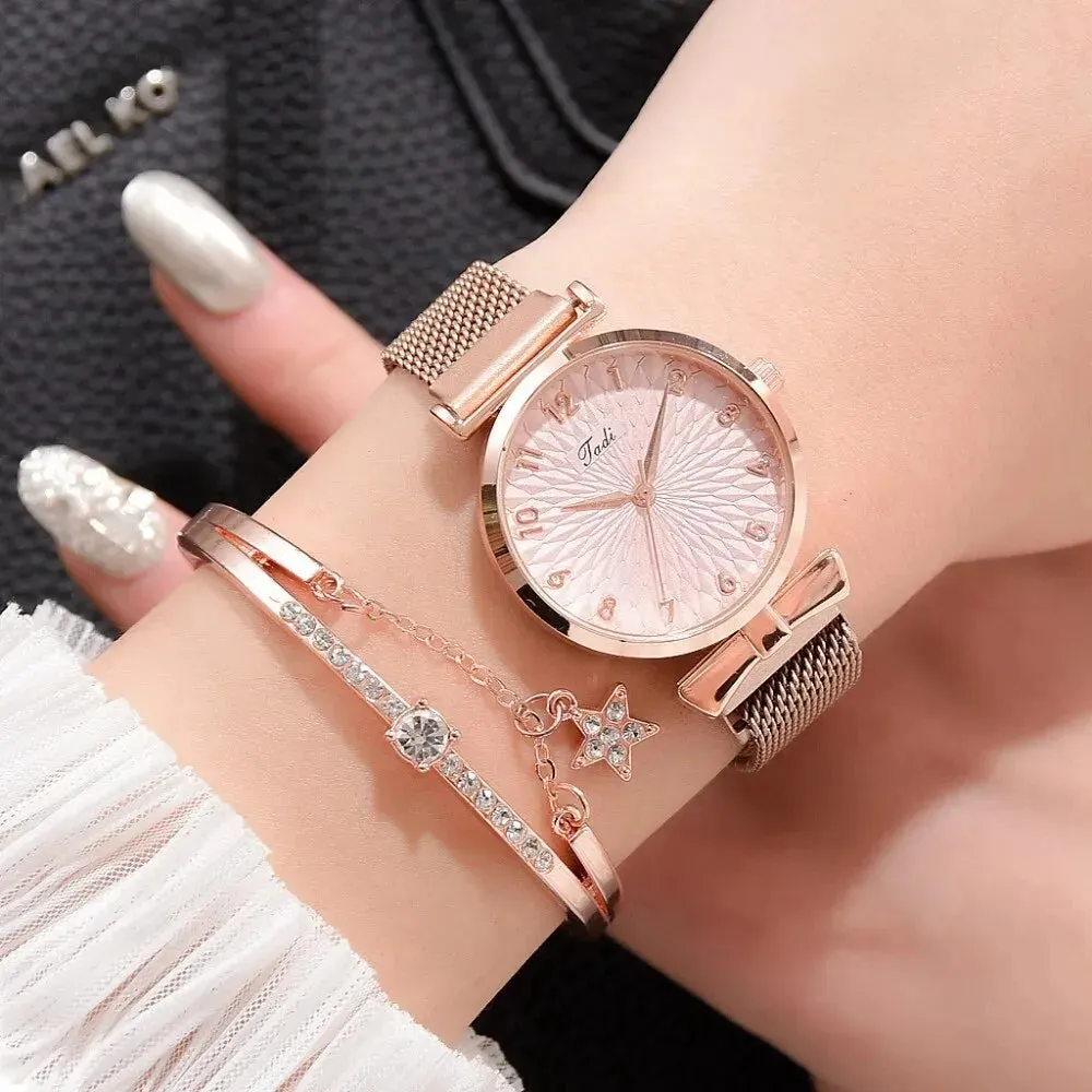 2PCS Set Women Watch Set Trendy Pink Design Mesh Belt Alloy Wristwatch Fashionable Timepiece Quartz Watch Lady