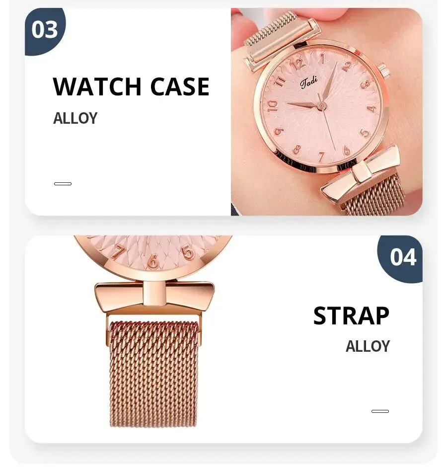 2PCS Set Women Watch Set Trendy Pink Design Mesh Belt Alloy Wristwatch Fashionable Timepiece Quartz Watch Lady