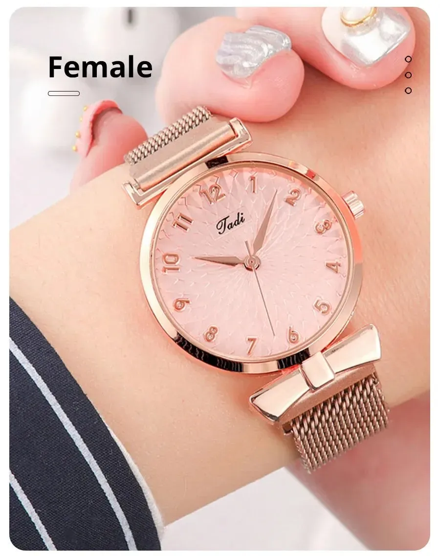 2PCS Set Women Watch Set Trendy Pink Design Mesh Belt Alloy Wristwatch Fashionable Timepiece Quartz Watch Lady