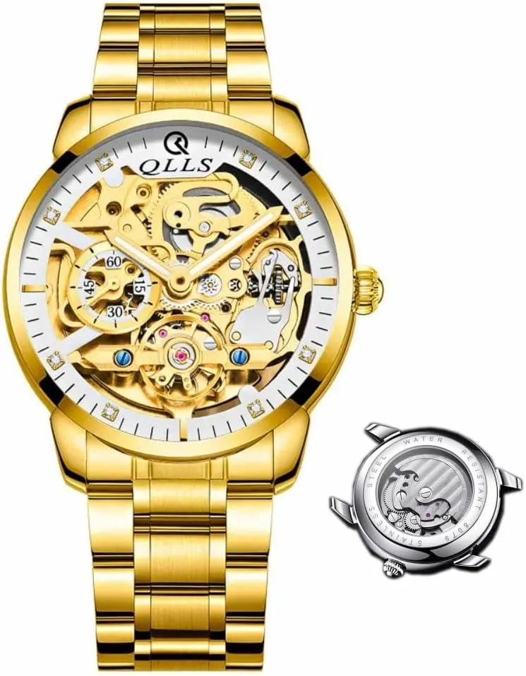 3D Diamond Skeleton Hollow accessibility note stain reach Mens Wristwatches Luminous Watches Tourbillon (Gold White) Business Automatic Watch 