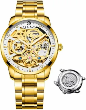 3D Diamond Skeleton Hollow accessibility note stain reach Mens Wristwatches Luminous Watches Tourbillon (Gold White) Business Automatic Watch 