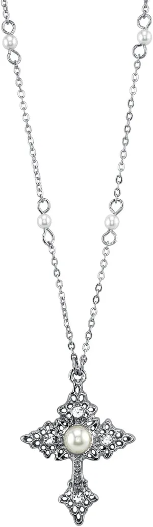 3" Extender 1928 Jewelry Women's Silver Tone jar satisfactory subtraction jungle skeleton Filigree Cross With Faux Pearl Crystal Accent Pendant Necklace 16"   