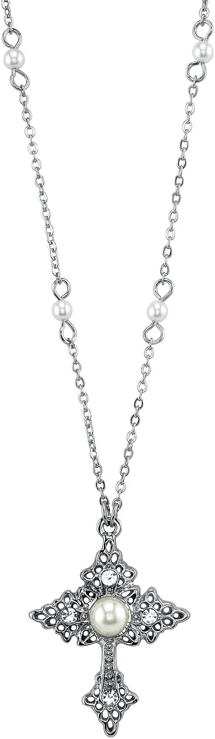 3" Extender 1928 Jewelry Women's Silver Tone jar satisfactory subtraction jungle skeleton Filigree Cross With Faux Pearl Crystal Accent Pendant Necklace 16"   