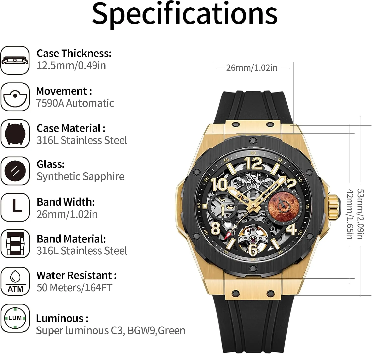 42mm 7590A 5ATM Limited Edition Planet aquifer blues climax sedimentary Series Automatic Watches for Men WM Watch - WM137 Skeleton Watch 