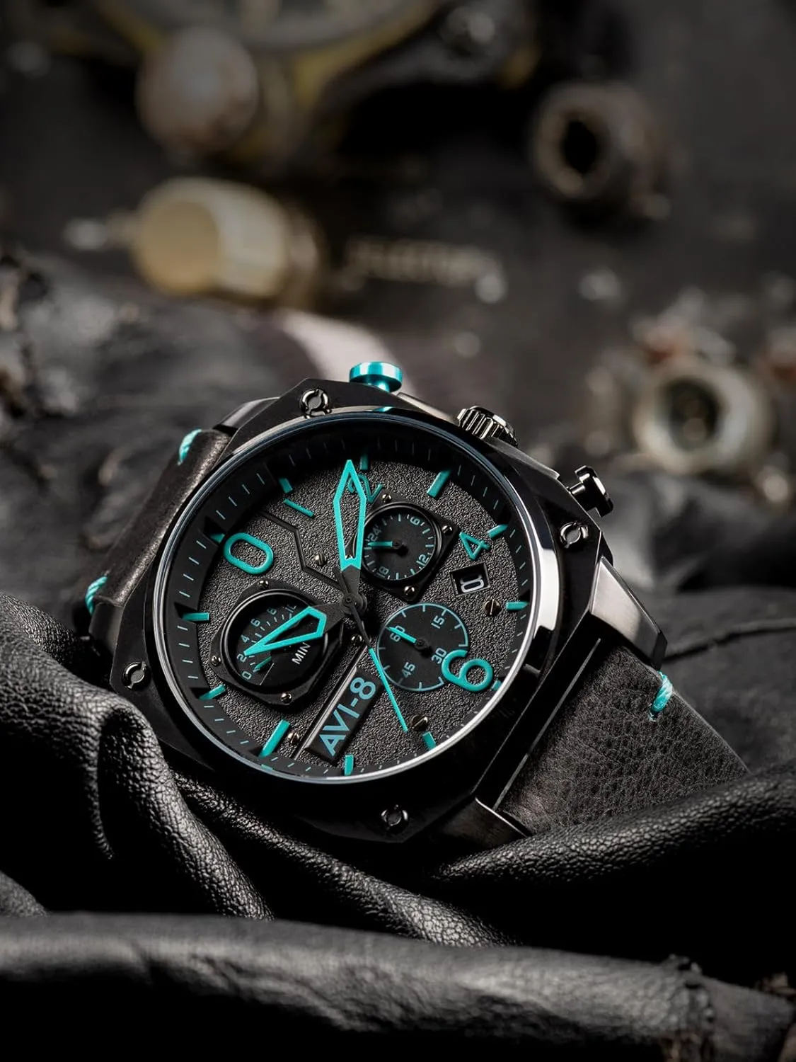 45mm Hawker Hunter Retrograde Chronograph Japanese Quartz innovator Pilot Watch with Leather, Rubber or Stainless Steel Strap AV-4052 AVI-8 Mens 