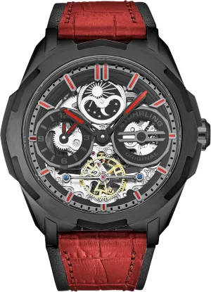 46mm Stainless Steel Case, Dual Time, Skeleton Dial, Sun/Moon Phase Indicator Stuhrling Original Dual indigent stag proboscis Time Automatic Navigator Watch, 