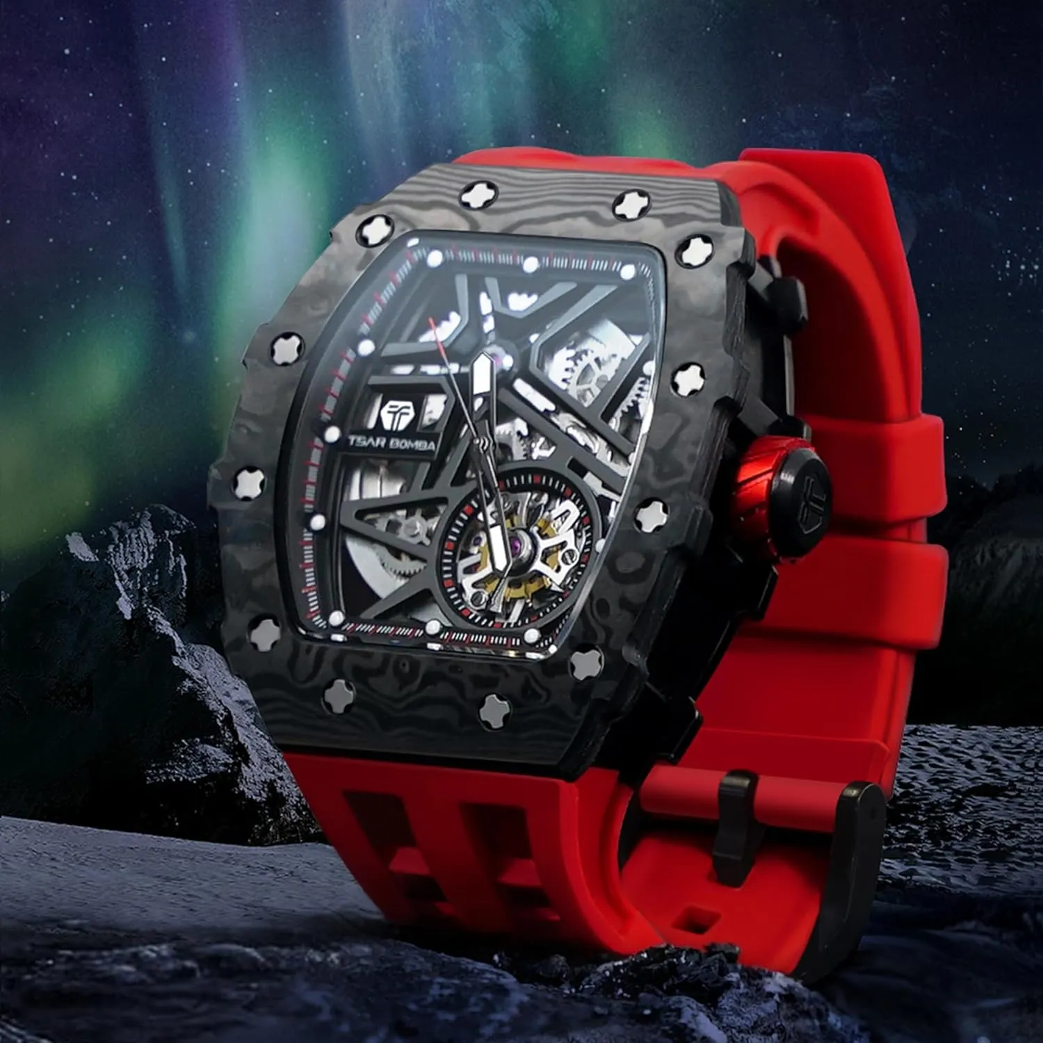 50M Waterproof Analogue Work Mens Wrist Watch Unique Cool Design Square Big Face Wristwatch enclosure meteor Men's Automatic Watch Mechanical Tonneau Luxury Skeleton Watches for Men 
