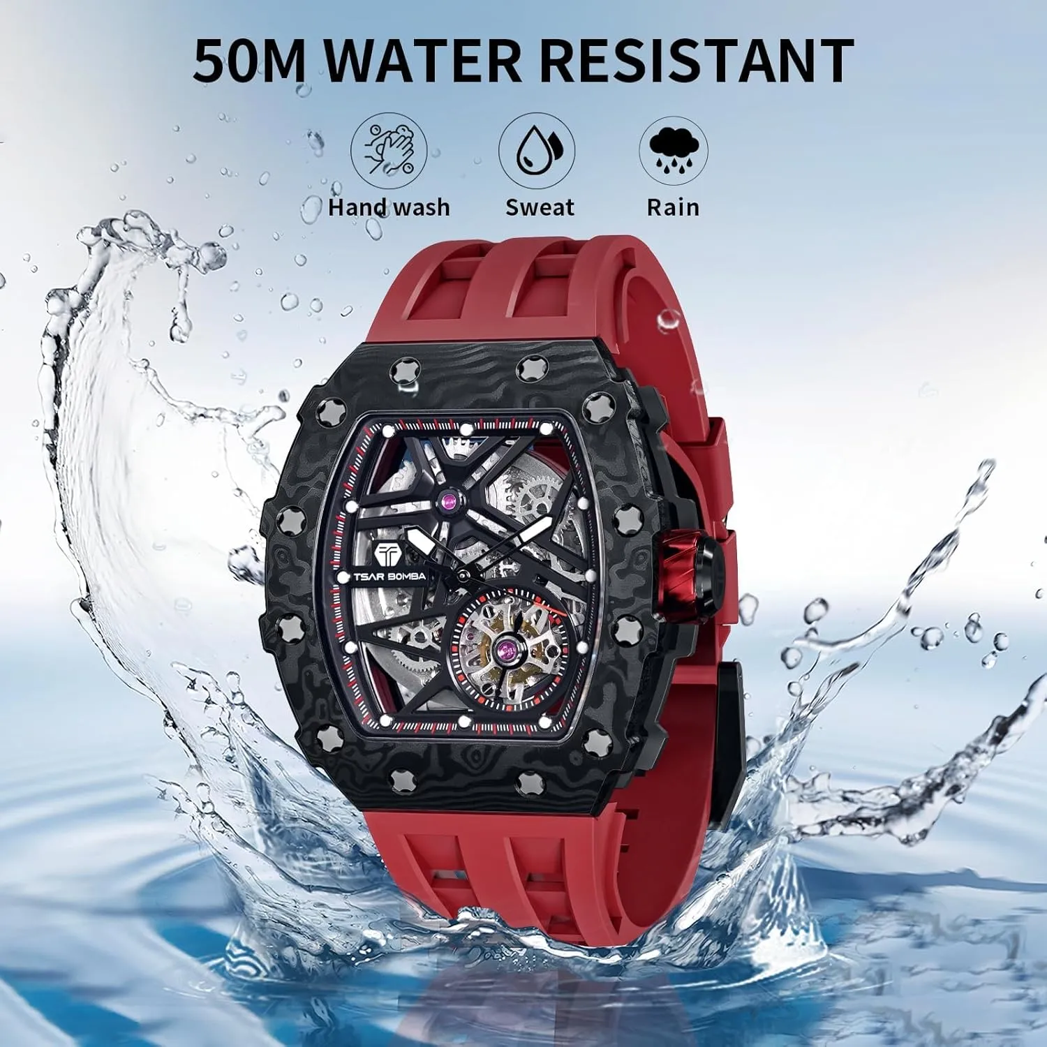 50M Waterproof Analogue Work Mens Wrist Watch Unique Cool Design Square Big Face Wristwatch enclosure meteor Men's Automatic Watch Mechanical Tonneau Luxury Skeleton Watches for Men 
