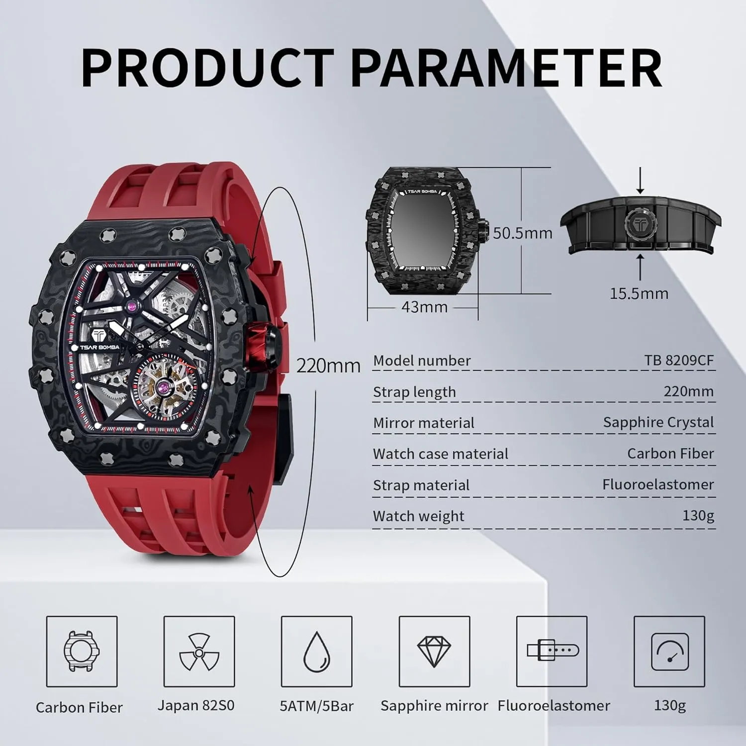 50M Waterproof Analogue Work Mens Wrist Watch Unique Cool Design Square Big Face Wristwatch enclosure meteor Men's Automatic Watch Mechanical Tonneau Luxury Skeleton Watches for Men 