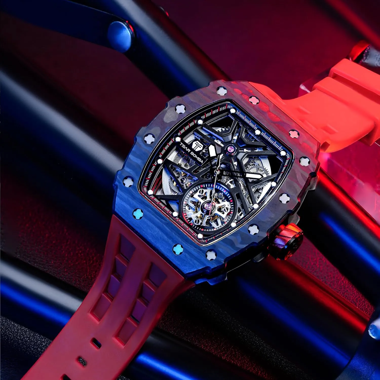 50M Waterproof Analogue Work Mens Wrist Watch Unique Cool Design Square Big Face Wristwatch enclosure meteor Men's Automatic Watch Mechanical Tonneau Luxury Skeleton Watches for Men 