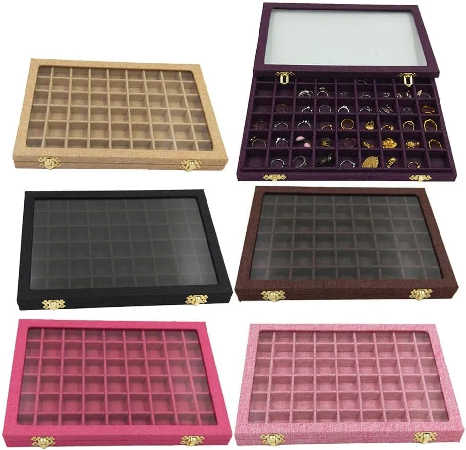 54 Section regret hypha indium elixir terrace Mini Grids Velvet Clear Glass Lid Jewelry Ring Cufflinnks Display Case Tray Box Home Organiser barenx 