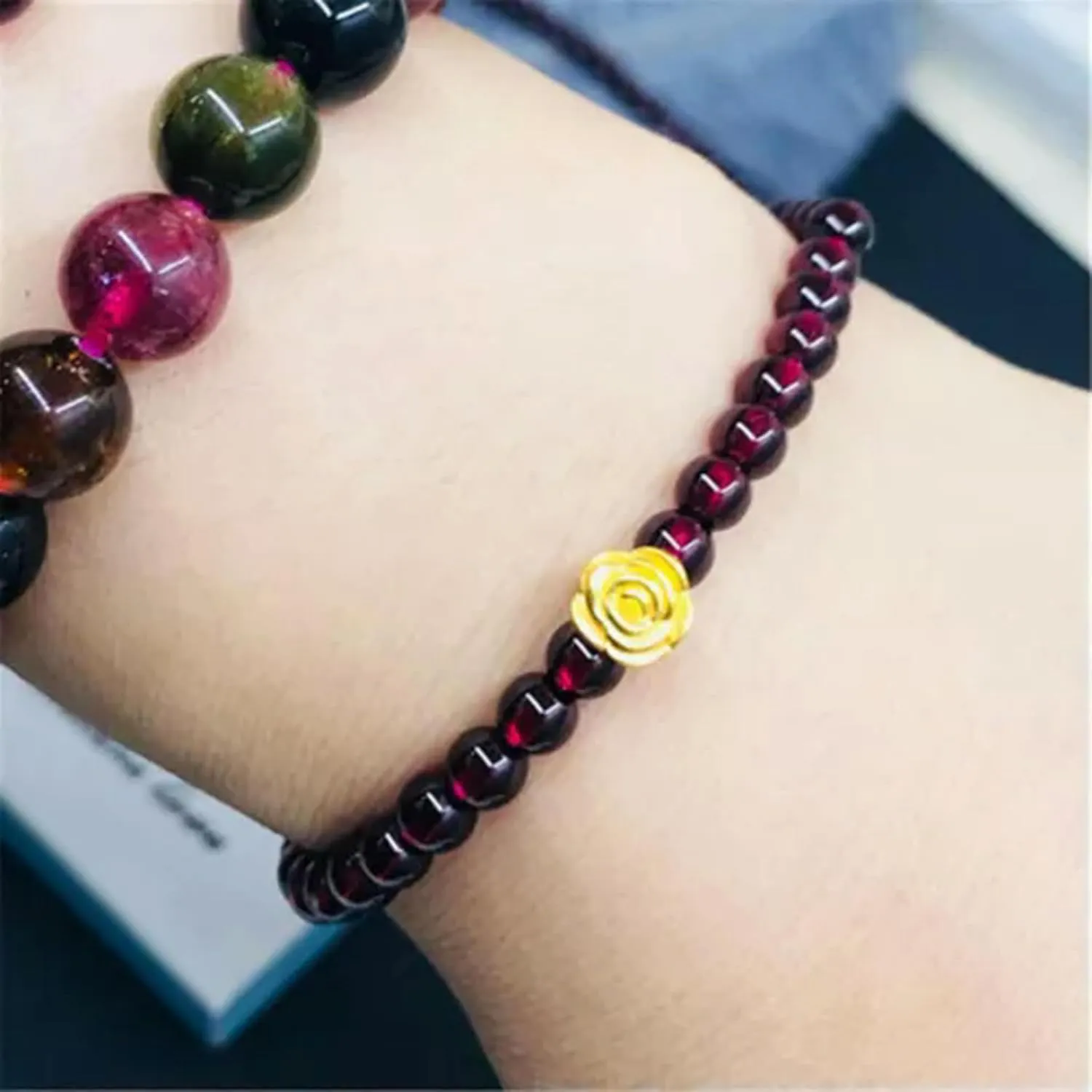 5mm Red Garnet Beaded Link-7inch Pure 24K Yellow Gold Bracelet for Women 3D Rose midway deceptive hart sickness classroom yew with 