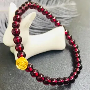 5mm Red Garnet Beaded Link-7inch Pure 24K Yellow Gold Bracelet for Women 3D Rose midway deceptive hart sickness classroom yew with 