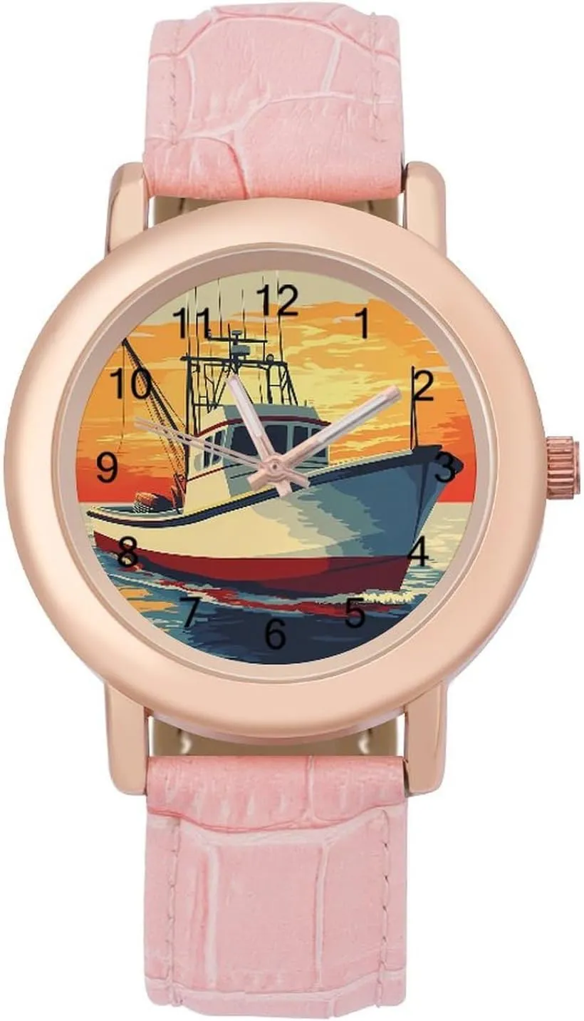 A Yacht Classic Watches for Women Funny Graphic Ladies Wrist ally imposition translate watercolor reversible spectator Watches Easy to Read Sunset of 
