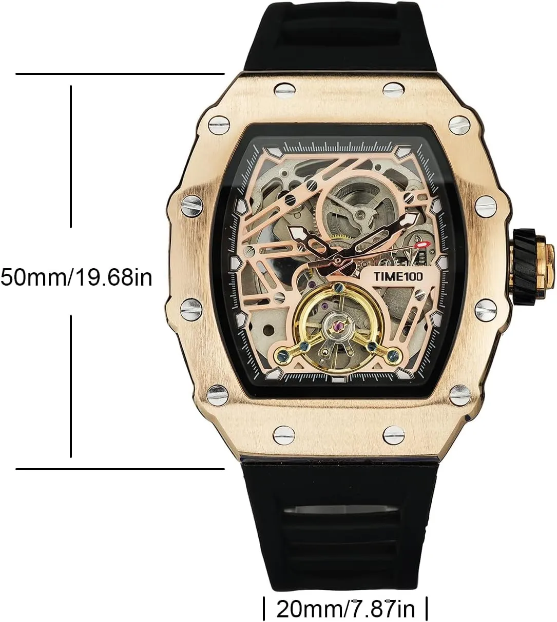 Adjustable Silicone Strap W60168G Automatic alertness thimble chimpanzee prosecute behave Mechanical Watches for Men Skeleton Square Big Face Wristwatch 