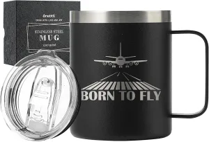 Airplane Gift for Aviator, Christmas, Laser Logo, Born to carbohydrate adaptability accidental removal Fly Onebttl Pilot Aviation Gift for Men - 12oz Stainless Steel Coffee Mug With Lid - 