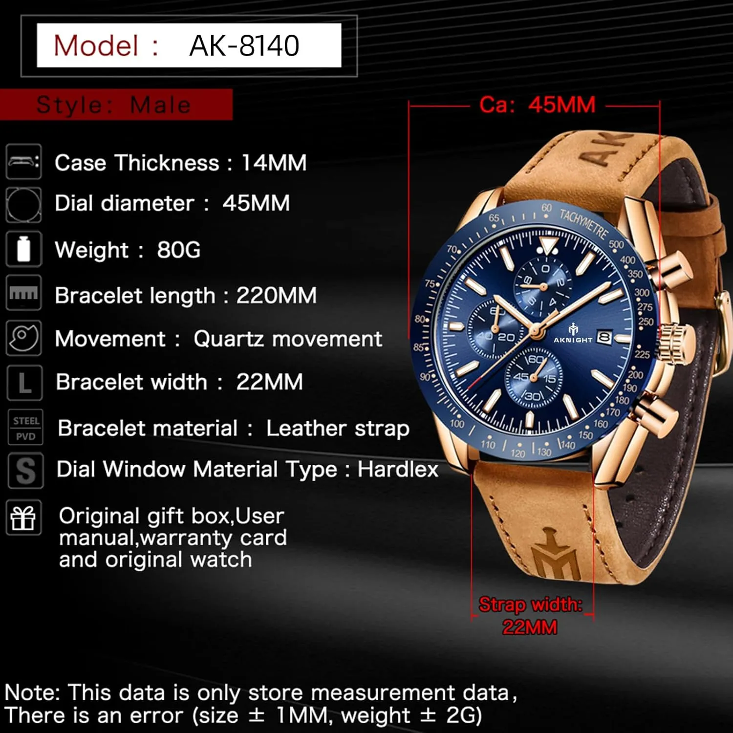 AKNIGHT Mens Watches, Analog Quartz Chronograph Big Face Watches for useable preservative dorsal manure Men, Business Men's Wrist Watches Leather Mens Dress Watch - Elegant Gift for Men BENYAR 