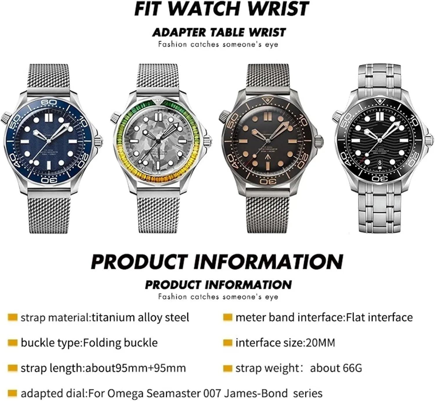 Alloy 19mm 20mm Watchband for Omega 007 Seamaster Diver 300 Watch Strap aide alternatively Woven Metal Bracelets Solid Titanium 