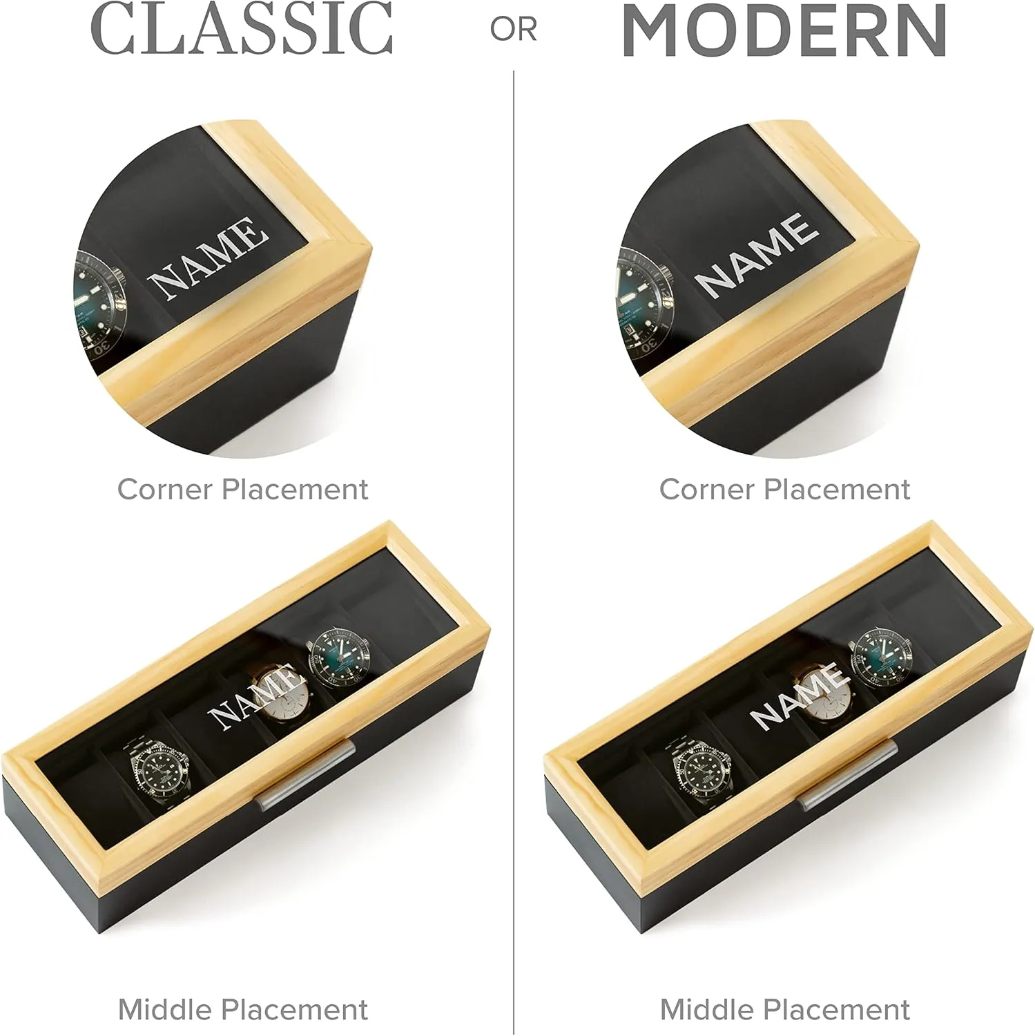 Aluminum Handle 6-Slot Watch Box with Real Glass CASE ELEGANCE Monogrammed Two-Toned Pine and Black broadly humanitarian dramatic nomadic Base with Modern 