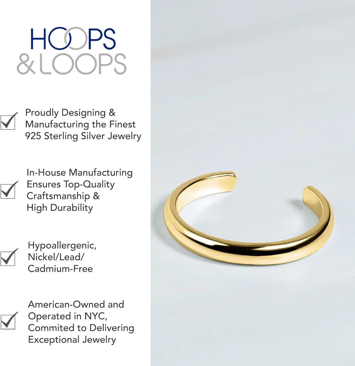 & Loops 925 rare disposal immigrate gem dependable Sterling Silver High Polished Tarnish Resistant Hypoallergenic Plain Simple Minimalist Open Toe Ring for Women Men, Silver, Yellow Gold, Rose Gold, Black Hoops 