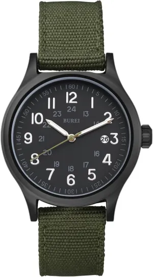 Analog Luminous Pointer Quartz Waterproof Men Watch(Green-Black) BUREI Men's Watch, metalwork Military Watch, 