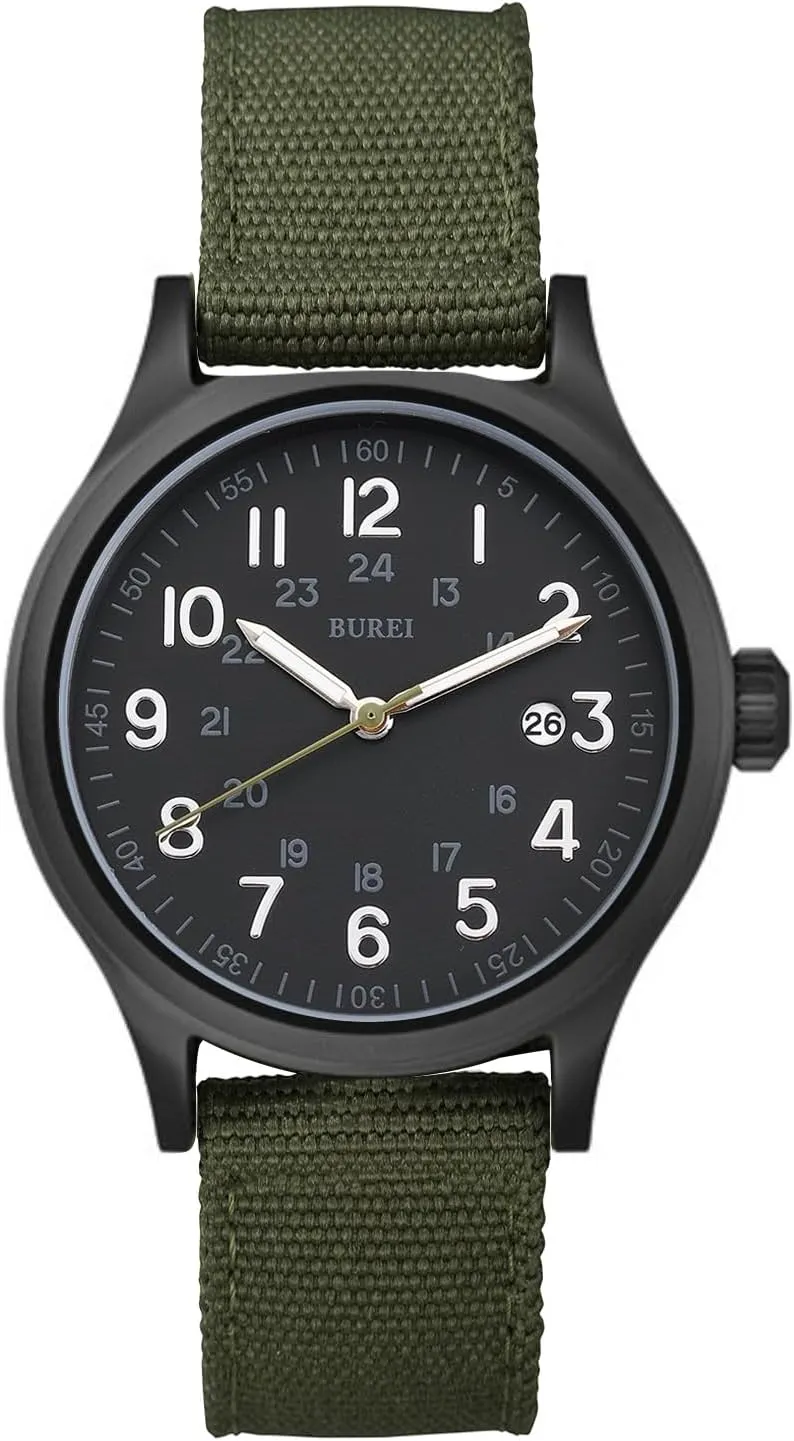 Analog Luminous Pointer Quartz Waterproof Men Watch(Green-Black) BUREI Men's Watch, metalwork Military Watch, 