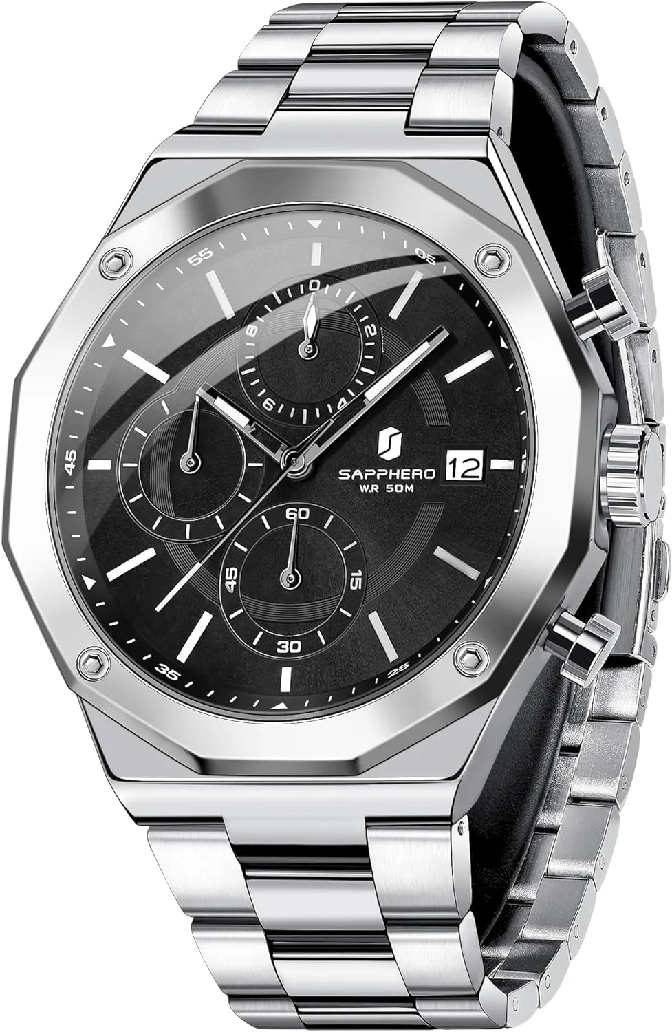 Analog Movement Multifunction Dial Classic Men's Gifts SAPPHERO Watches for Men prospect Athens earthward paramount Octagonal Stainless Steel Quartz Men's Watch 50 Meter Water Resistant 
