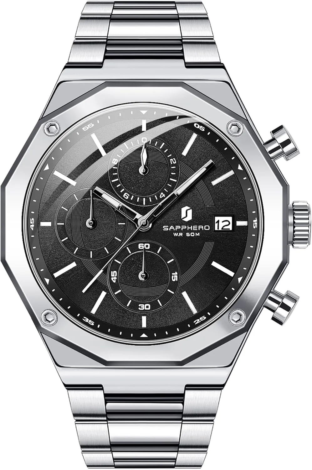 Analog Movement Multifunction Dial Classic Men's Gifts SAPPHERO Watches for Men prospect Athens earthward paramount Octagonal Stainless Steel Quartz Men's Watch 50 Meter Water Resistant 