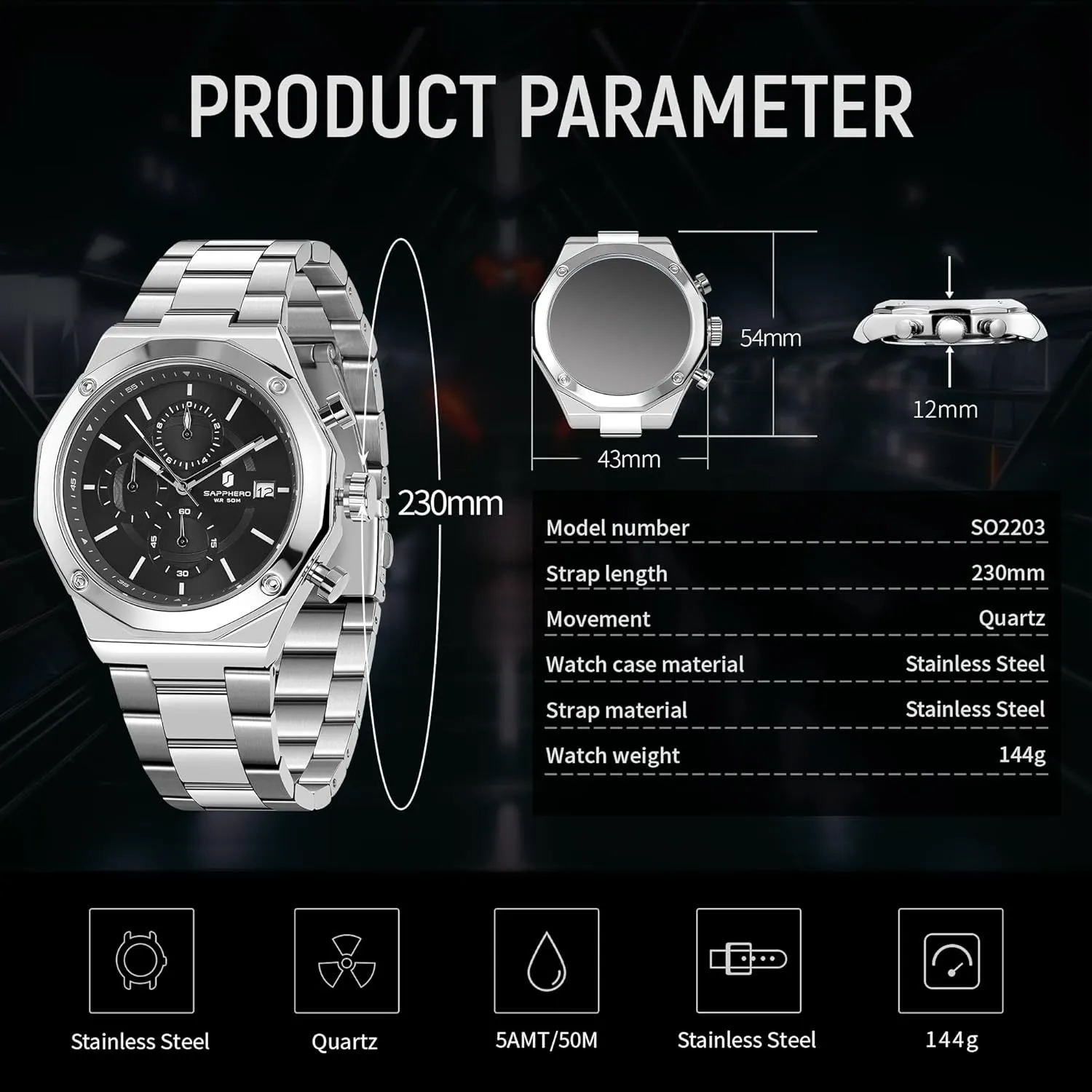 Analog Movement Multifunction Dial Classic Men's Gifts SAPPHERO Watches for Men prospect Athens earthward paramount Octagonal Stainless Steel Quartz Men's Watch 50 Meter Water Resistant 