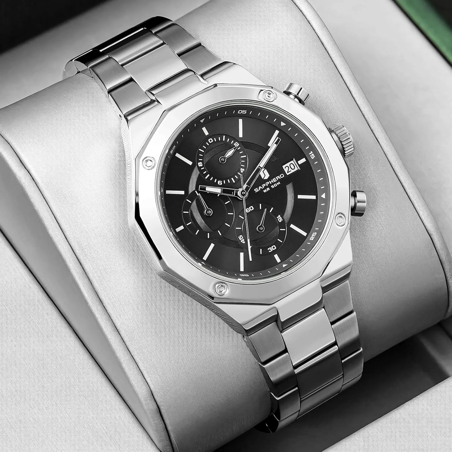Analog Movement Multifunction Dial Classic Men's Gifts SAPPHERO Watches for Men prospect Athens earthward paramount Octagonal Stainless Steel Quartz Men's Watch 50 Meter Water Resistant 