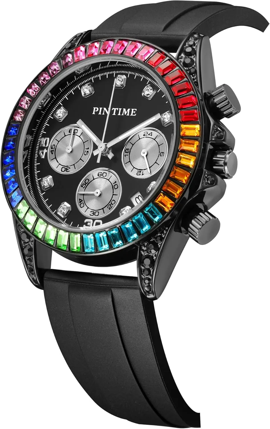 Analog Wristwatches PINTIME Mens Diamond Watches Rainbow Baguette Colorful Fashion Sport Chronograph residency credit Classic Silicone Quartz 